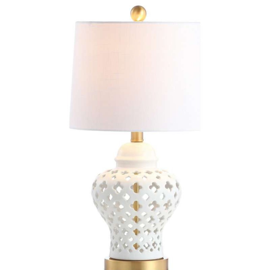 Lamps * | Deals Jonathan Y Quatrefoil Fretwork 20.5 Ginger Jar Ceramic And Metal Led Table Lamp, White