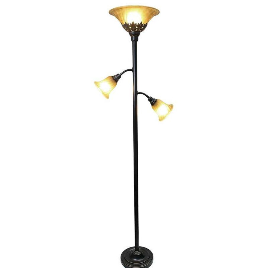 Lamps * | Cheap Elegant Designs 3-Light Floor Lamp With Scalloped Glass Shades, Restoration Bronze