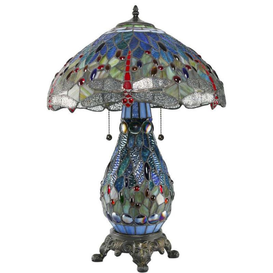 Lamps * | Buy Serena D'Italia Tiffany 2-Light Blue Dragonfly 25 Table Lamp With Lit Base