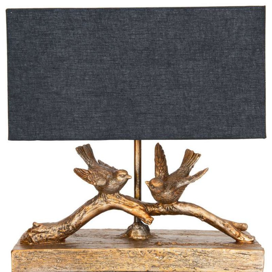 Lamps * | Outlet Creative Co-Op Rustic Birds-On-Branch Lamp With Rectangle Flax Shade, Gold