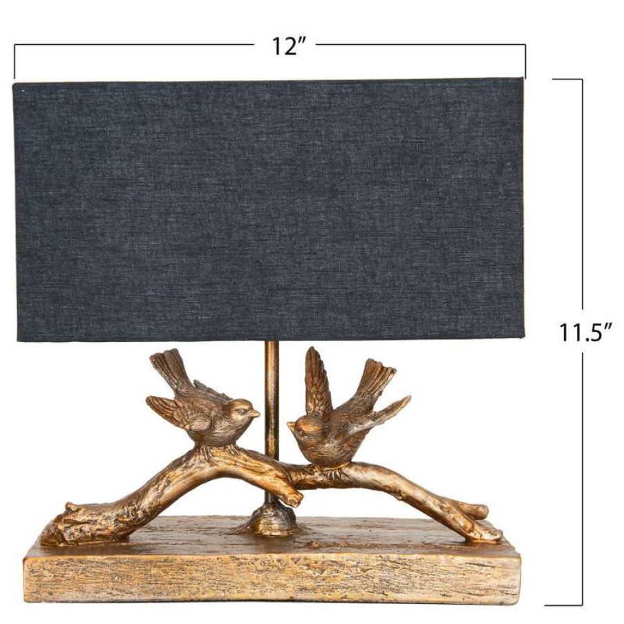 Lamps * | Outlet Creative Co-Op Rustic Birds-On-Branch Lamp With Rectangle Flax Shade, Gold