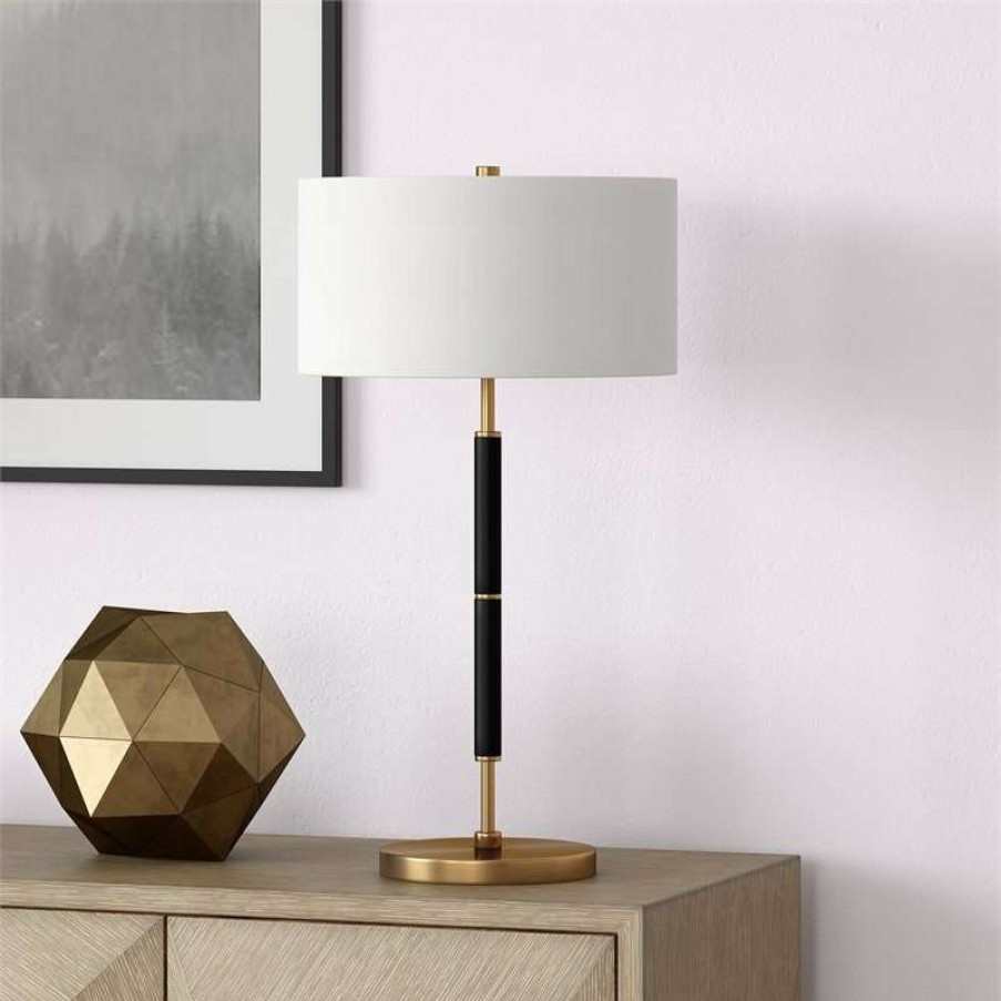 Lamps * | Coupon Hudson&Canal Simone 25 Tall 2-Light Table Lamp With Fabric Shade In Black/Brass/White