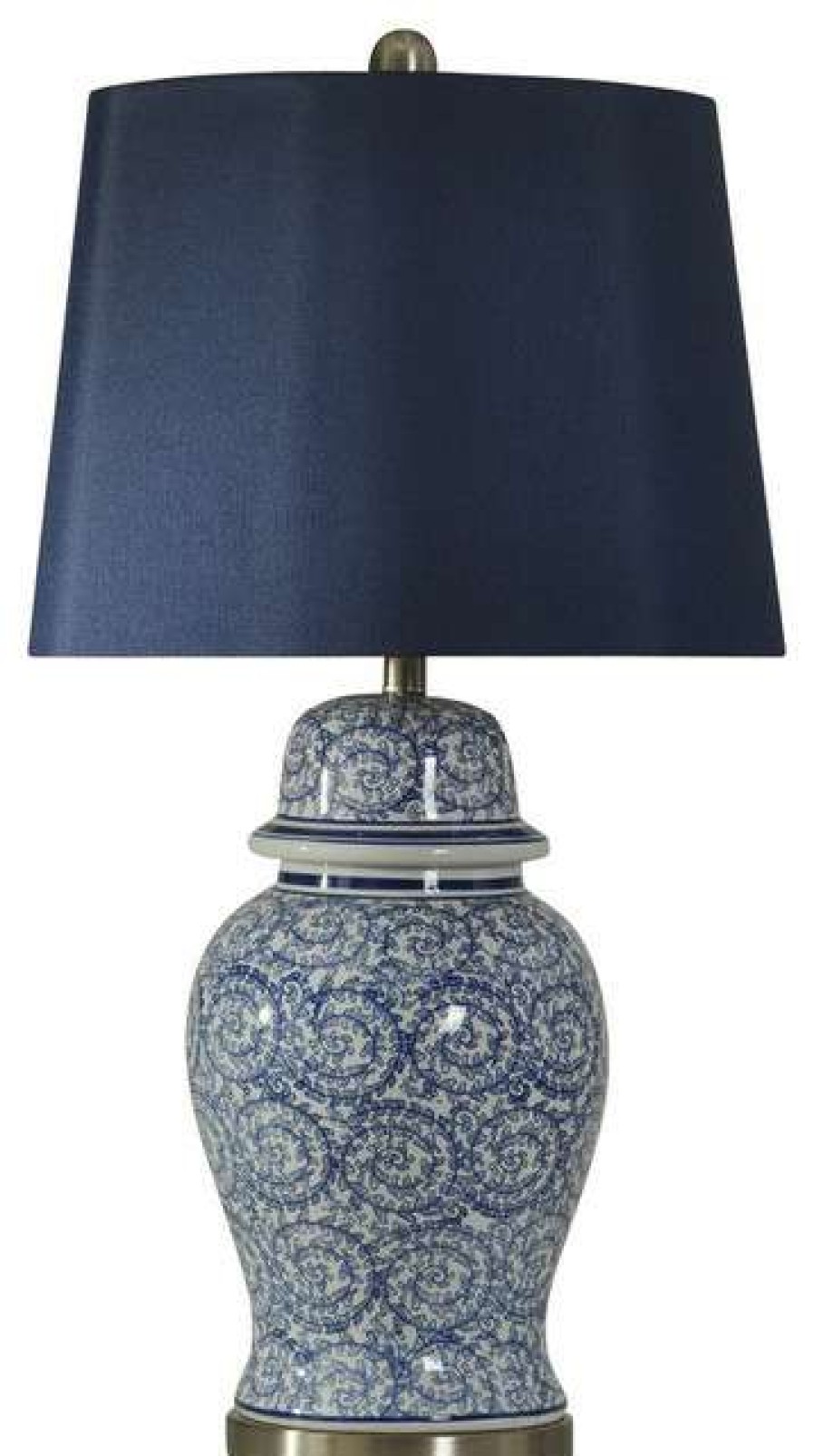 Lamps * | Outlet Stylecraft Home Collection Chinese Blue Ginger Jar Pan Steel Base Navy Fabric Drum Shade