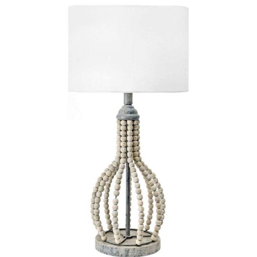 Lamps * | Wholesale Nuloom 25 Rattan Beaded Frame Cloth Shade Light Gray Table Lamp