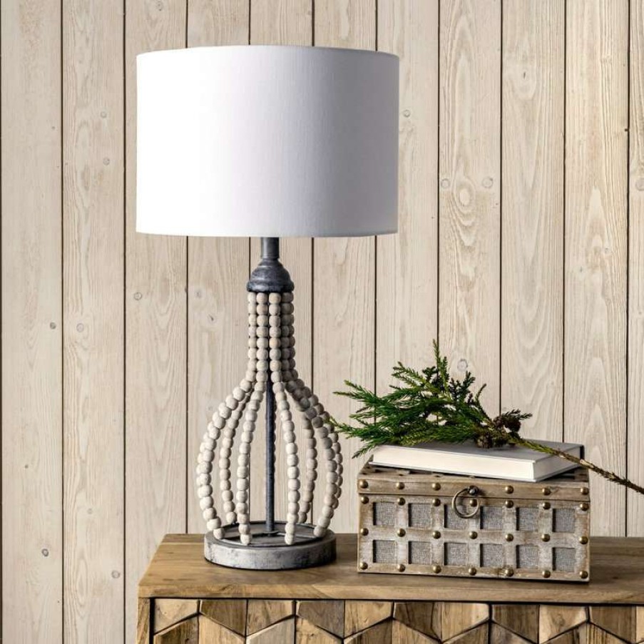 Lamps * | Wholesale Nuloom 25 Rattan Beaded Frame Cloth Shade Light Gray Table Lamp