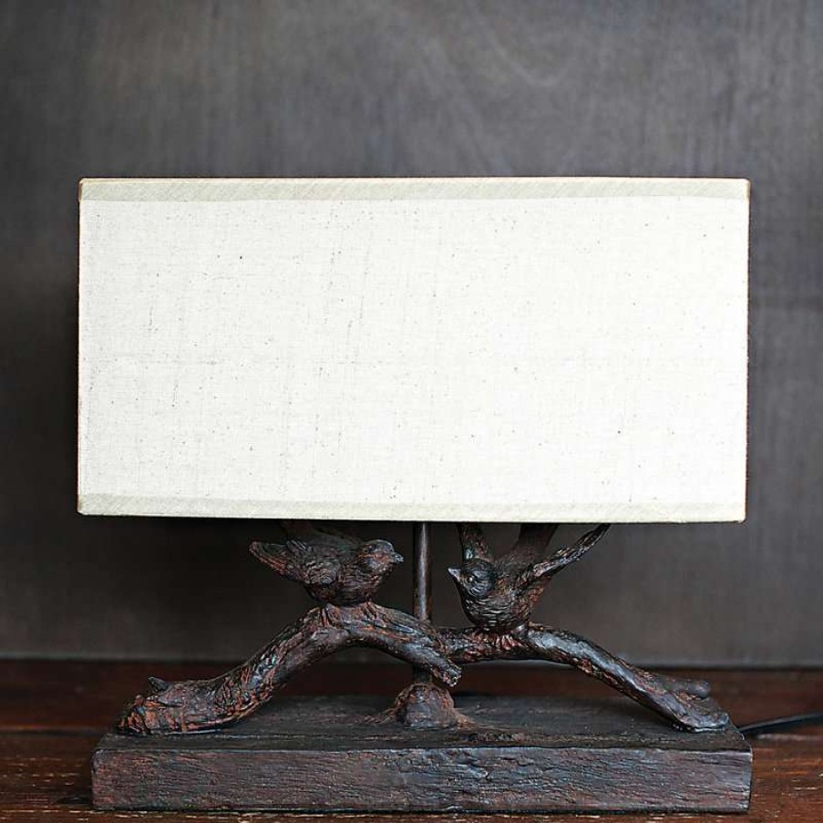 Lamps * | Flash Sale Creative Co-Op Rustic Birds-On-Branch Lamp With Rectangle Flax Shade, Black