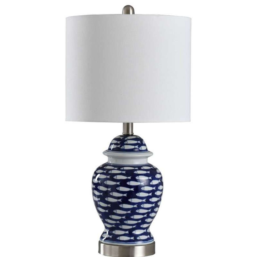 Lamps * | Cheapest Stylecraft Home Collection School Of Fish Curved Table Lamp, Blue And White, White