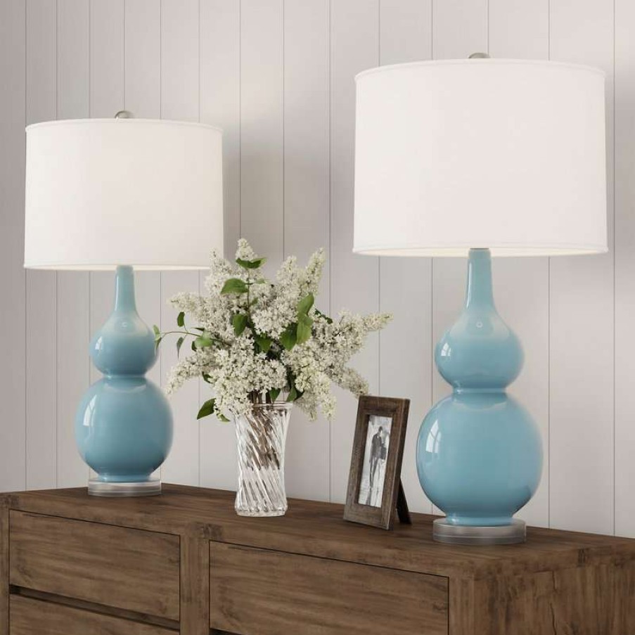 Lamps * | Brand New Lavish Home Set Of 2 Ceramic Double Gourd Table Lamps, Blue