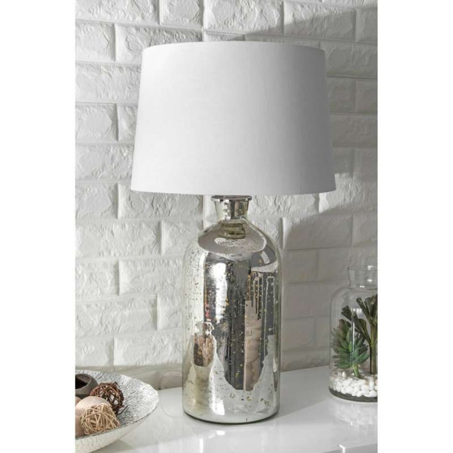 Lamps * | Best Deal Nuloom Mercury Glass Cotton Shade Silver Finish 3-Way Switch Table Lamp, 28