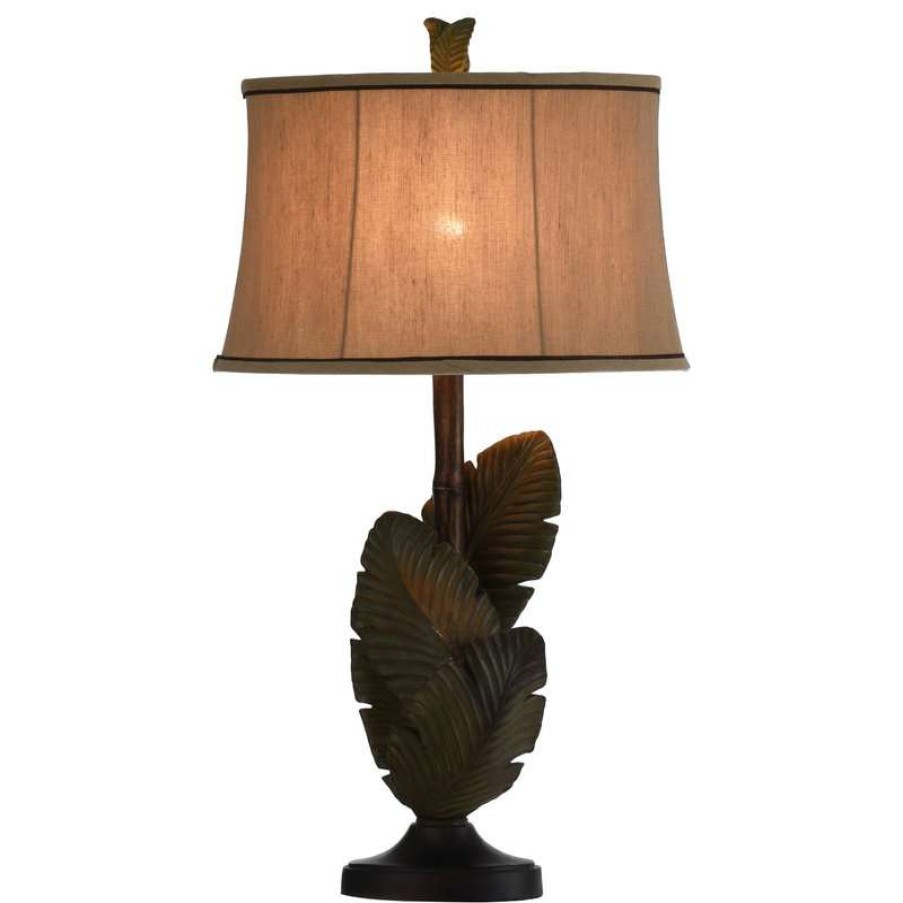 Lamps * | Best Deal Stylecraft Home Collection Islamadora Palm Leaves Table Lamp With Natural Linen Shade Custom Trim