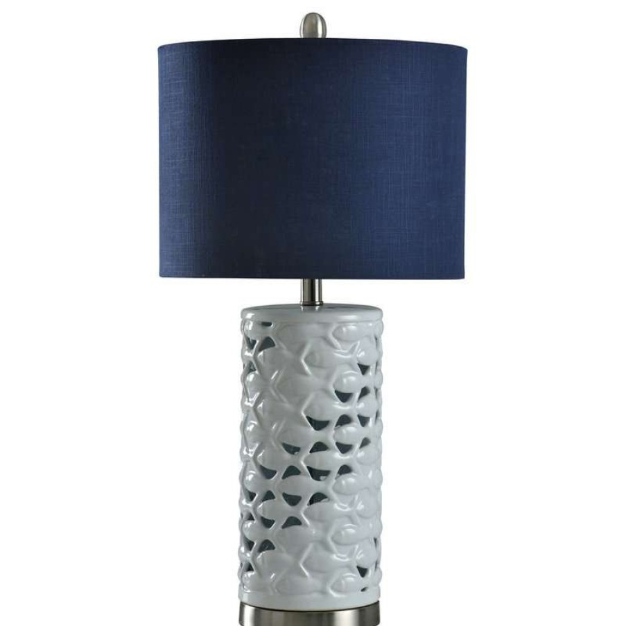 Lamps * | Promo Stylecraft Home Collection School Of Fish Cylindrical Table Lamp, White,Silver,Sand, Navy Blue