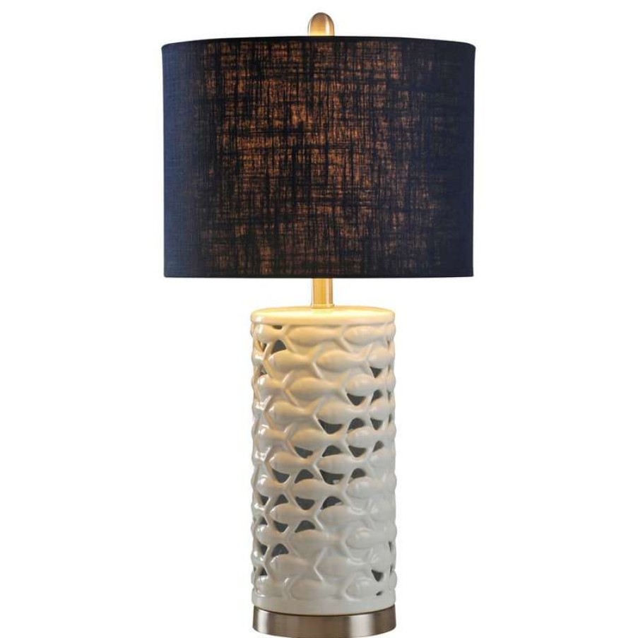 Lamps * | Promo Stylecraft Home Collection School Of Fish Cylindrical Table Lamp, White,Silver,Sand, Navy Blue