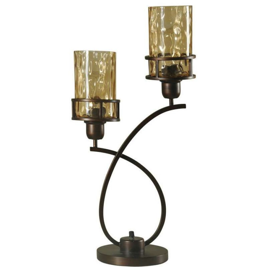 Lamps * | Best Sale Stylecraft Home Collection Bronze | Metal Glass Shade Uplight With Base Switch | Edison Bulbs Included