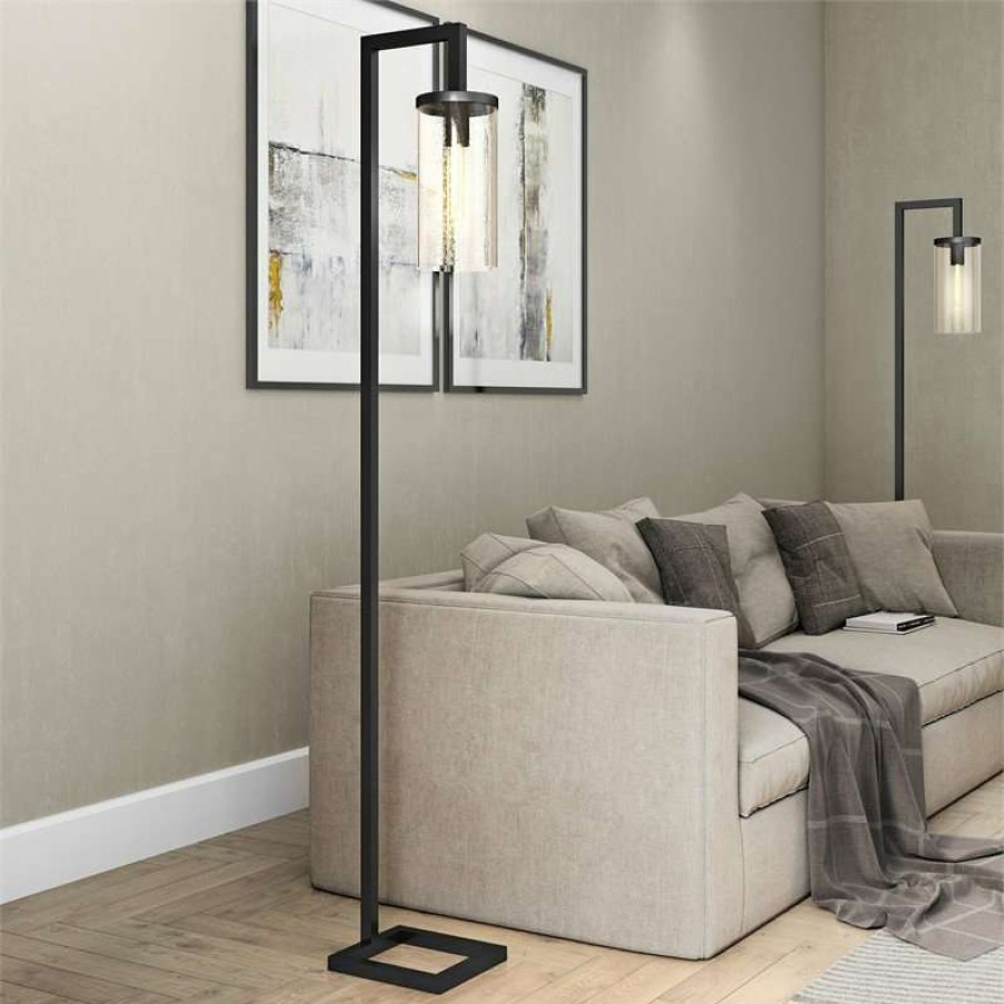 Lamps * | Best Deal Pemberly Row Industrial Black/Bronze Floor Lamp And Cylinder Seed Glass Shade