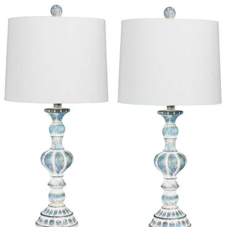 Lamps * | Cheap Fangio Lighting 26.5 Distressed Candlestick Resin Table Lamp, Set Of 2, Cottage Antique Blue