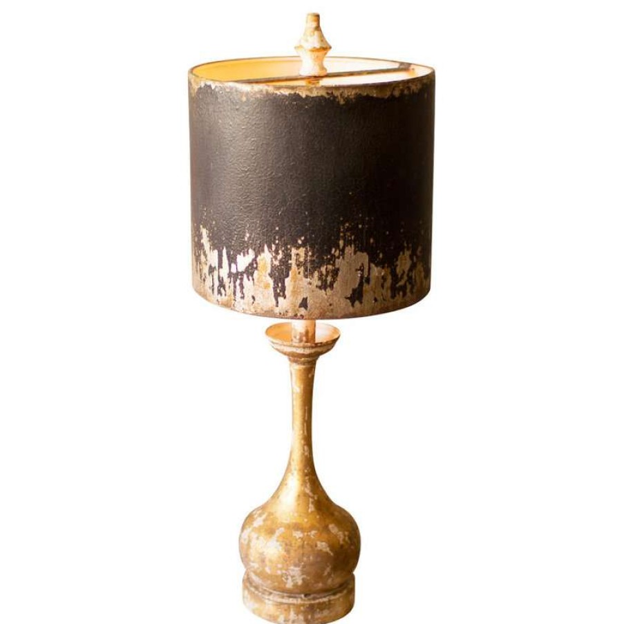 Lamps * | Discount Kalalou, Inc. Table Lamp, Round Wooden Base W Black & Gold Metal Shade