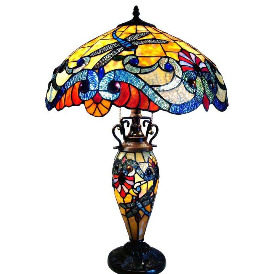 Lamps * | Top 10 Chloe Lighting, Inc. Chloe-Lighting 3-Light Tiffany Style Dragonfly Double Lit Table Lamp