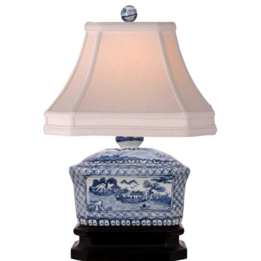 Lamps * | Flash Sale William Sung Blue And White Porcelain Candy Box Table Lamp Blue Willow 15