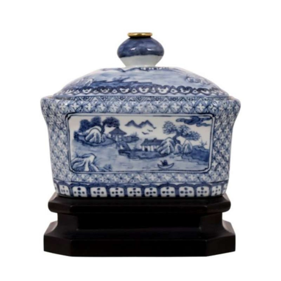 Lamps * | Flash Sale William Sung Blue And White Porcelain Candy Box Table Lamp Blue Willow 15