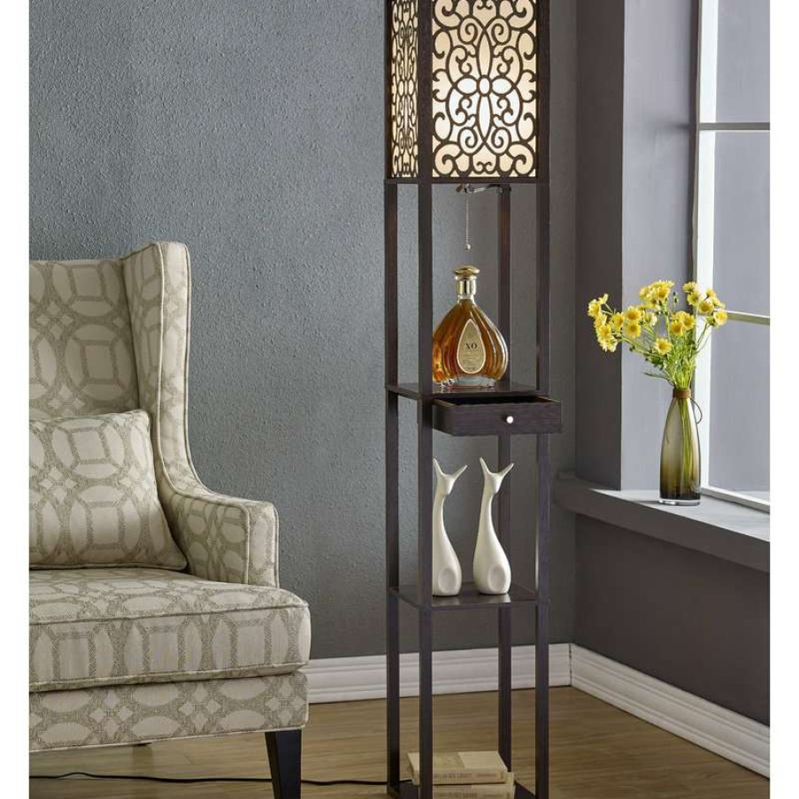 Lamps * | New Artiva Usa Etagere 63 Shelf Floor Lamp With Drawer, Expresso