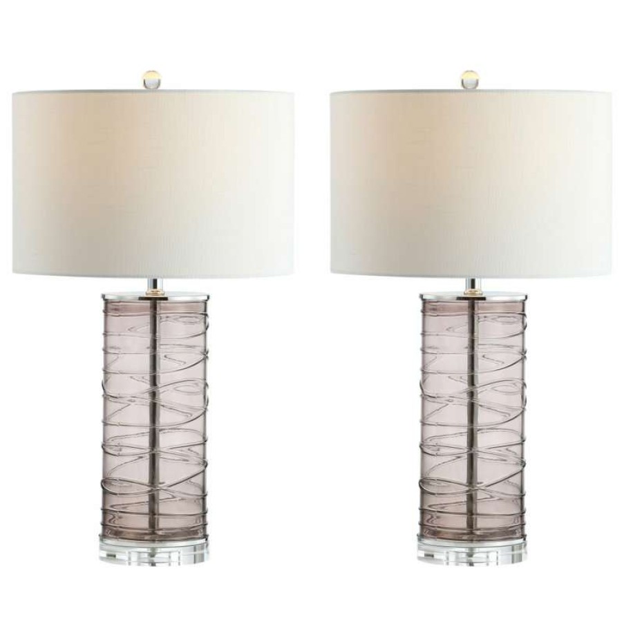 Lamps * | Coupon Jonathan Y Cole 27.5 Fused Glass Cylinder Led Table Lamp, Set Of 2, Smoky Gray