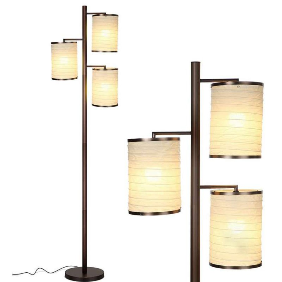 Lamps * | Brand New Brightech Liam Asian Lantern Shade Tree Led Floor Lamp, Oil Brushed Bronze