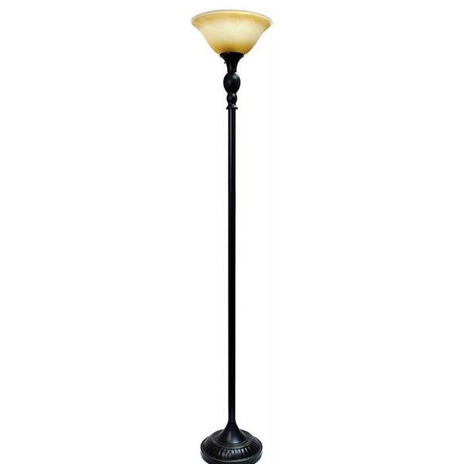 Lamps * | Wholesale Elegant Designs 1-Light Torchiere Floor Lamp, Marbelized Amber Glass Shade, Restoration Bronze