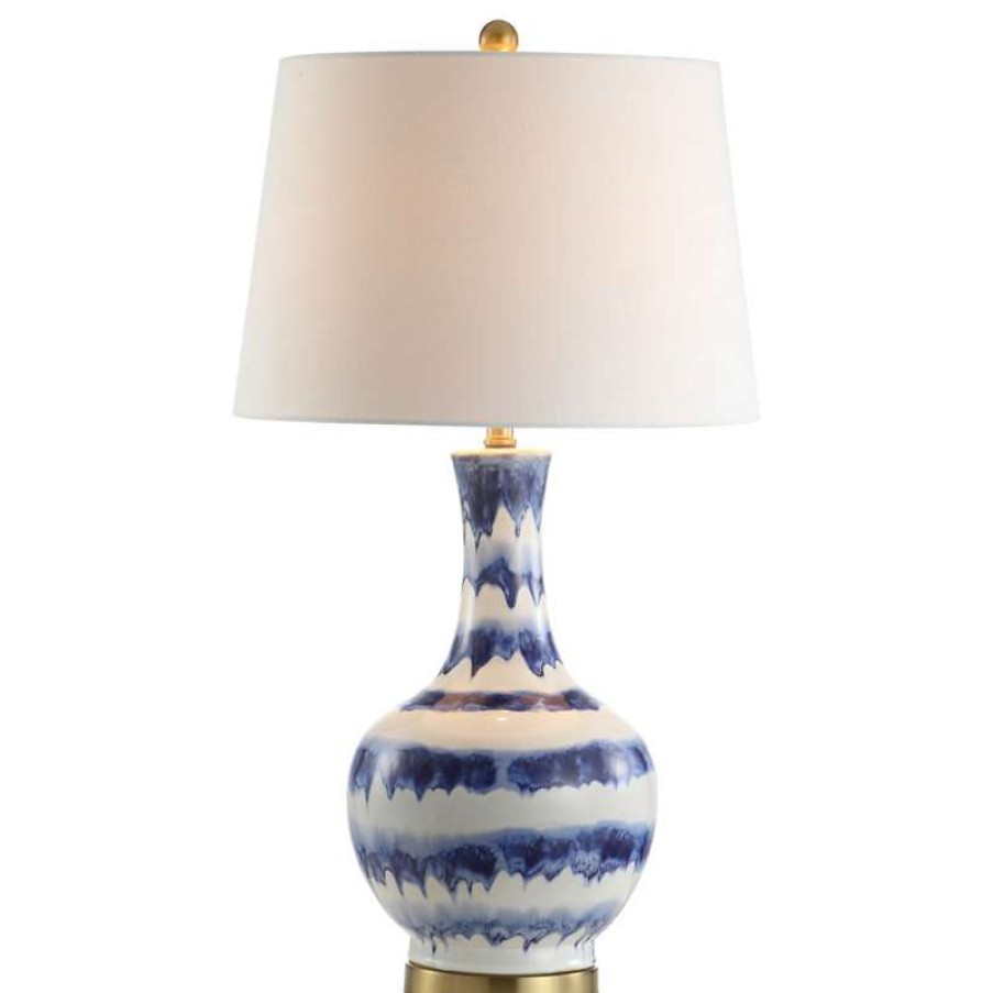 Lamps * | New Jonathan Y Tucker 30.5 Striped Ceramic And Metal Led Table Lamp, Blue, White