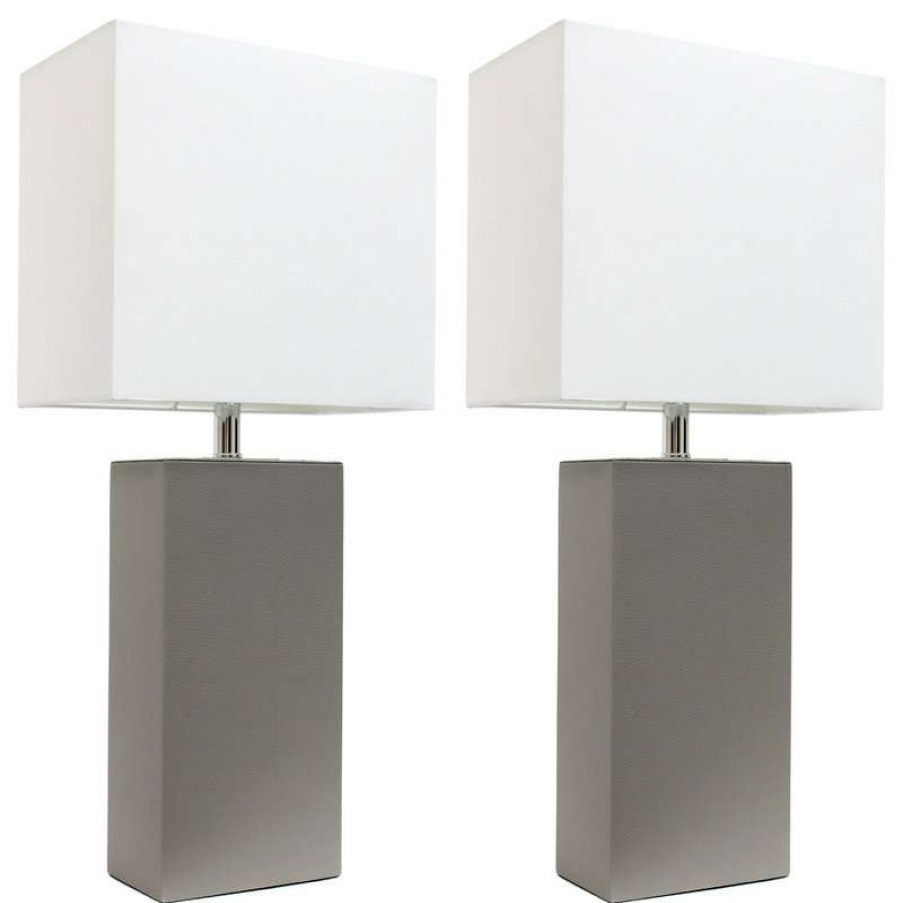 Lamps * | Cheap Elegant Designs 2-Pack Modern Leather Table Lamps With White Fabric Shades, Gray