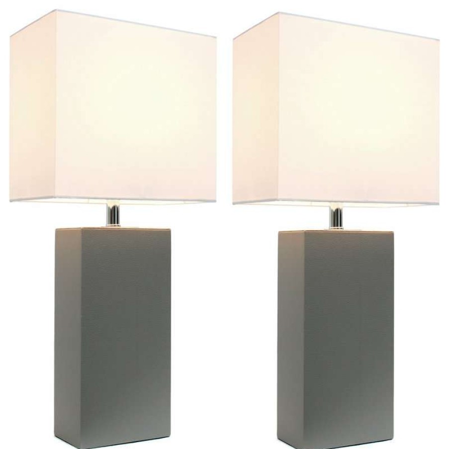 Lamps * | Cheap Elegant Designs 2-Pack Modern Leather Table Lamps With White Fabric Shades, Gray