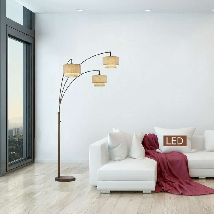 Lamps * | Discount Artiva Lumiereiii Led Arched Floor Lamp Double Layer Shade, Dimmer, Antique Bronze, 80