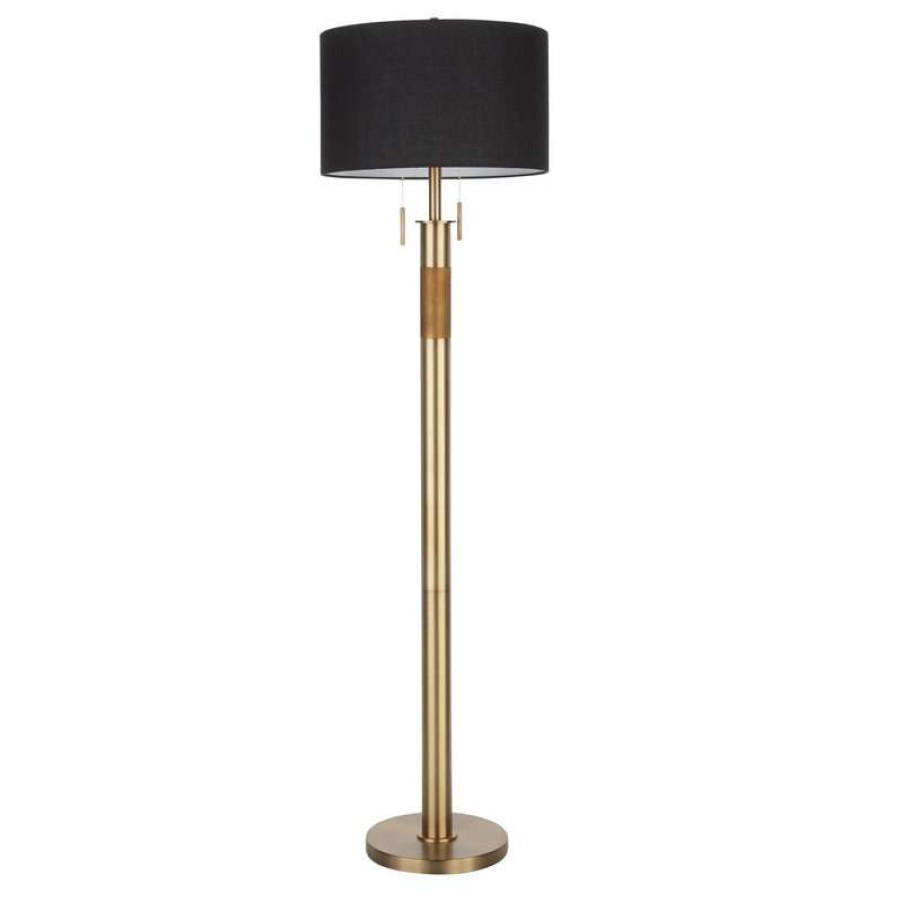 Lamps * | Brand New Trophy Industrial Floor Lamp, Antique Brass With Black Linen Shade By Lumisource