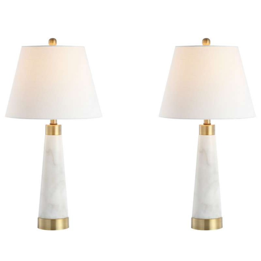 Lamps * | Coupon Travis 26.5 Marble Gold Modern Column Led Table Lamp, White By Jonathan Y